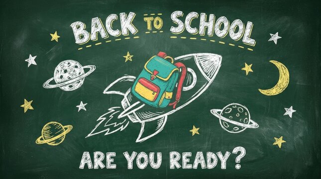 Back to school chalkboard drawing of rocket ship with backpack and planets.