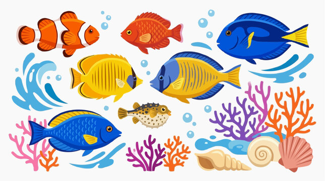 A vibrant underwater scene filled with colorful tropical fish, coral reefs, and flowing water isolated on white background