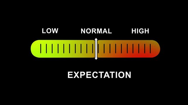 Dynamic expectation level indicator bar moving from low to settings, visualizing progress, performance metrics, customer satisfaction levels, and data analysis trends in a modern corporate interface