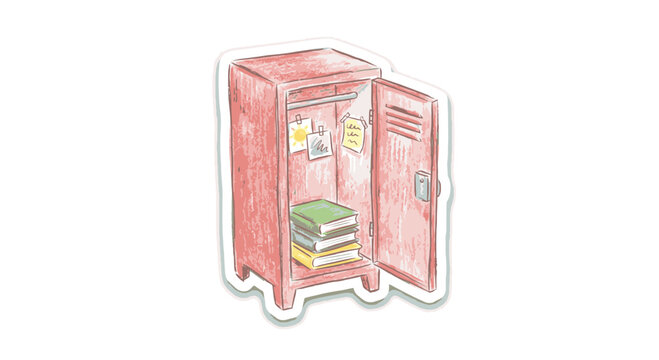 Open red metal locker with books and pinned notes