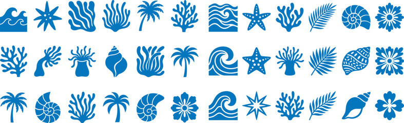 Marine life and tropical beach flat icon set. Ocean waves, coral reef, sea shells and palm leaves blue silhouette vector illustration. © FreelancerHasin