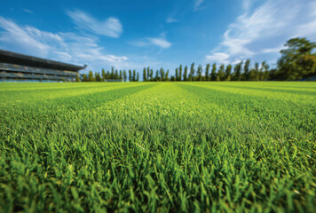 Fototapeta premium Close up view of a lush green grass field at a sports stadium with striped patterns and a clear blue sky with light clouds in the background