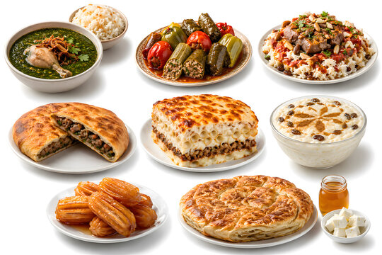 Classic Egyptian Home Cooking - Molokhia Mahshi 
Fattah Hawawshi Bechamel Rice Pudding 
Balah El Sham Feteer Realistic Food Set
