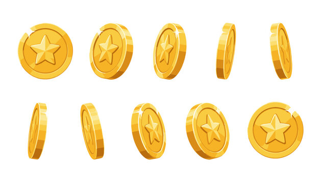 Golden coin rotation sequence with star symbol on white