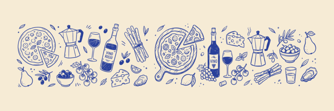 Hand drawn Italian food and wine doodle set. Sketch pizza, cheese, grapes and coffee moka pot outline vector illustration.