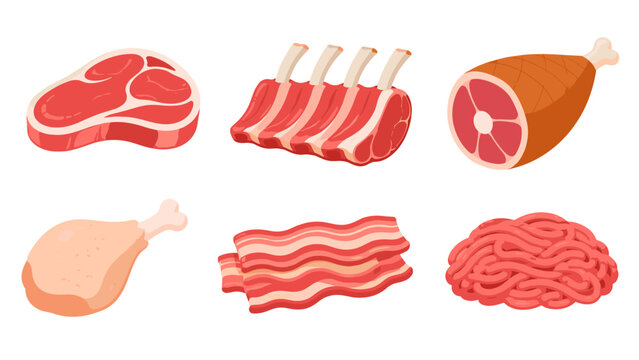 Colored meat icons set with steak ribs ham bacon and mince