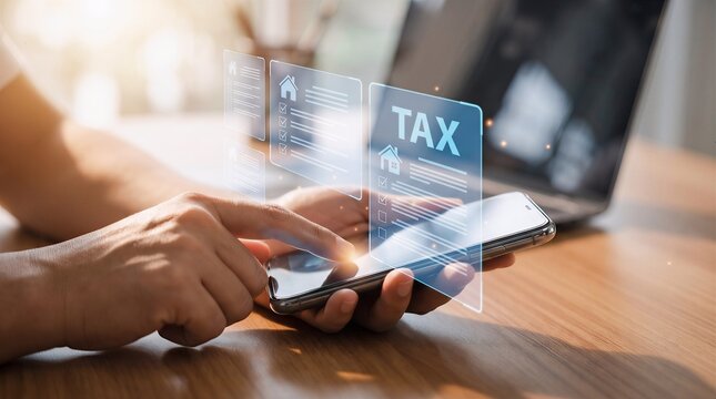 Business person using smartphone to calculate property tax online via digital interface holographic document with checklists and home icons on desk showing modern finance management tool.
