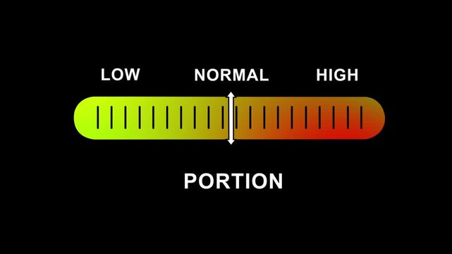 Dynamic digital portion control interface slider featuring a gradient progress bar ranging from low to normal and settings for precision data visualization and interactive user experience