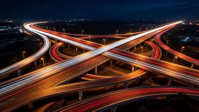 Nighttime highway intersection with light trails