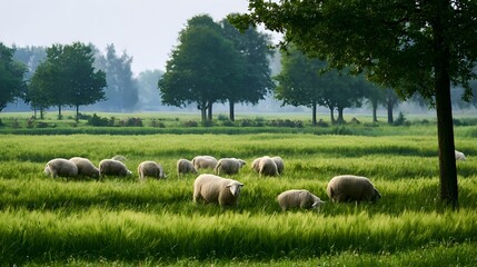 Fototapeta premium Grazing animals peacefully occupy fertile green pastures under a gentle breeze