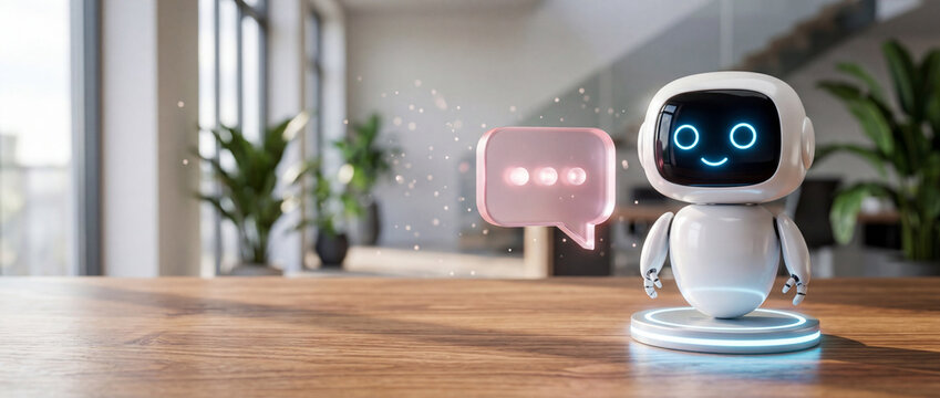 Friendly cartoon robot assistant with a glowing chat bubble, symbolizing AI communication and customer service, set in a modern office with soft natural light