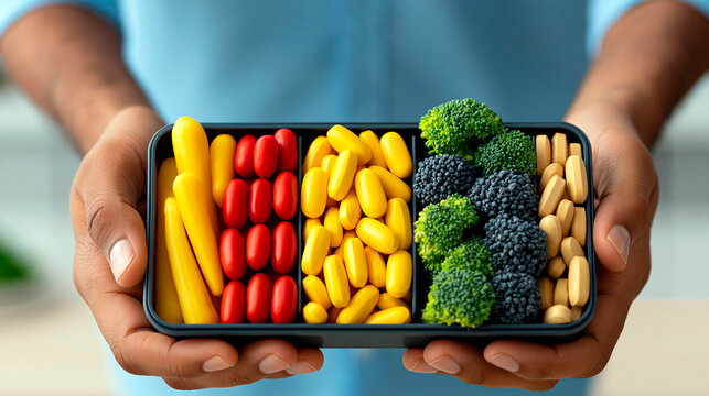 Balanced nutrition concept with vitamins supplements and fresh broccoli in meal container