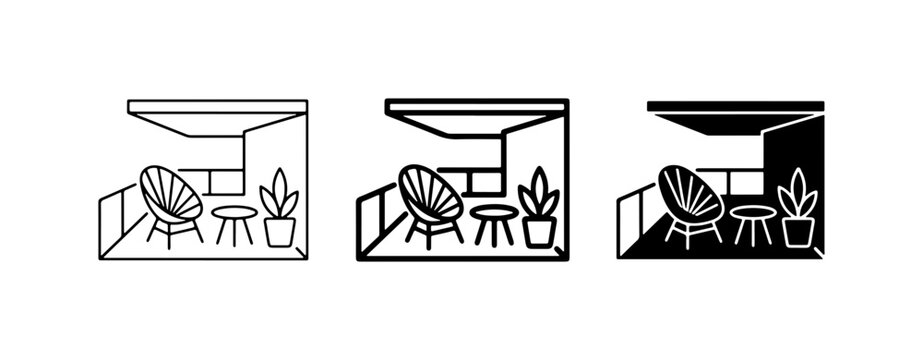 Balcony Icons Set, Outdoor Seating, Modern Apartment View, Vector Graphics