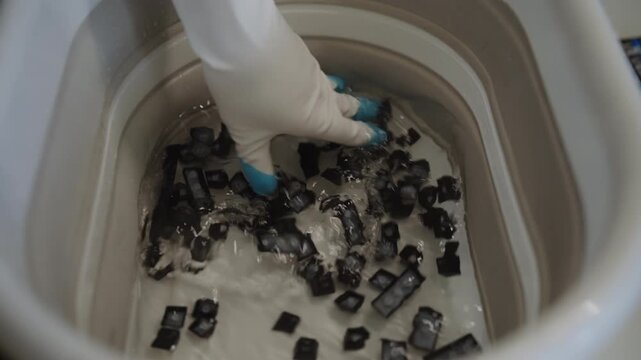 Technician wearing protective gloves washing and cleaning disassembled black keyboard keys in plastic basin filled with water, preparing computer parts for maintenance and repair, slow motion