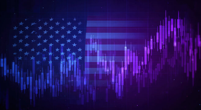 Financial stock market chart with purple and blue candlestick patterns overlaid on a united states flag, representing american economy