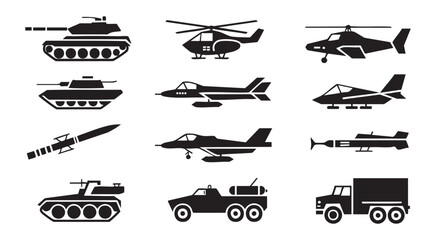 Collection of military vehicle icons including tanks helicopters and jets. © MdNasir