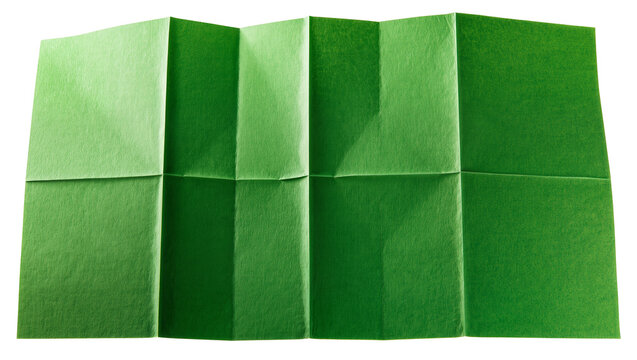 Isolated vibrant green folded crinkled paper with unique texture and accordion folds