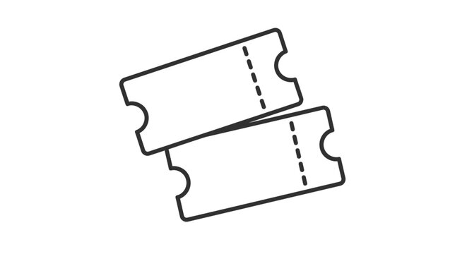 Minimalist ticket icon vector, pair of blank cinema admission stubs, simple black line art raffle tickets for events and entertainment