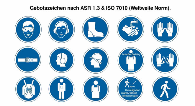 Mandatory safety signs set of 15 blue icons, ISO 7010 and ASR 1.3 compliant PPE symbols, industrial occupational health and safety vector collection