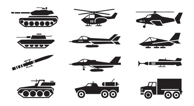 Collection of military vehicle icons including tanks helicopters and jets.