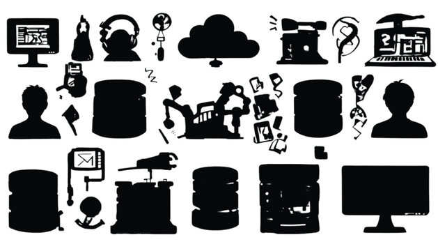 Database symbols and network interface icons represent professional information management systems and human computer interaction concepts for technical architecture diagrams and software development.