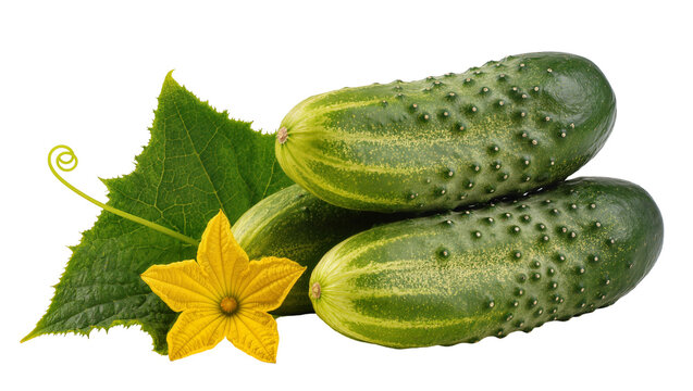 Isolated fresh green cucumbers with a vibrant yellow flower and a leaf, healthy summer vegetables.