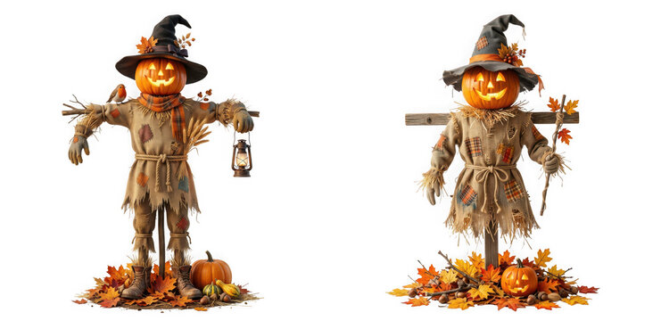 Two festive halloween scarecrows with glowing jackolantern heads standing in autumn leaves isolated on transparent background