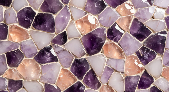 Amethyst And Quartz Mosaic Pattern Irregularly Shaped Polished Stone Tiles Displaying Varied Hues