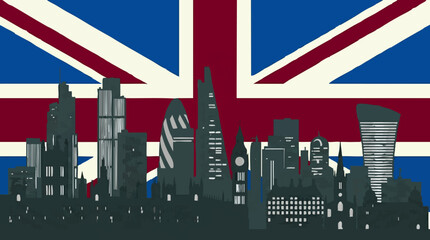 London City Skyline Silhouette with Union Jack Flag Illustration © CS23