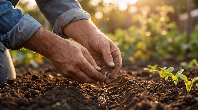 Close-up shot of farmer's hands carefully dropping fertilizer into soil furrows with young plants in background.