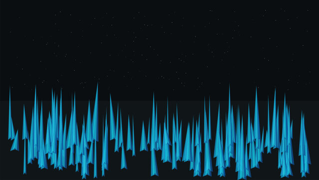 Blue alien crystal forest horizon with geometric polygonal structures under starry night sky