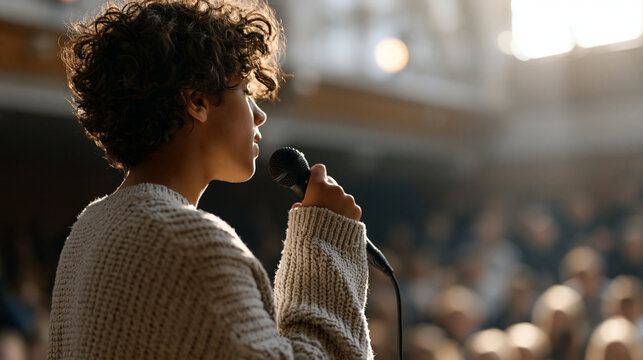 Teen with Tourette syndrome performing spoken word poetry on a school stage, audience captivated, microphone in hand, neurodiversity in performing arts, invisible disability