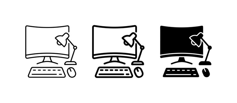 Computer, Keyboard, Mouse, Desk Lamp Icons: Line Art, Outline, Silhouette Styles