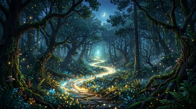 Enchanted forest scene with a glowing path extending into the distance, symbol of continuing forward despite challenges, cinematic atmosphere,