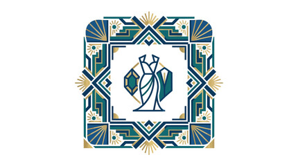 Fototapeta premium Elegant Art Deco Geometric Border with Formal Gown and Tuxedo Icons for Wedding Invitations