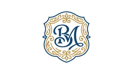 Obraz premium Elegant BM Monogram Heraldic Shield Logo with Gold Ornaments and Navy Calligraphy