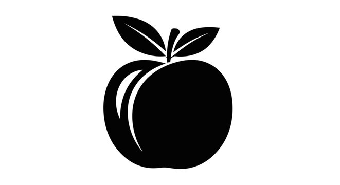Vector illustration of black silhouette of a peach fruit with two leaves on a transparent background