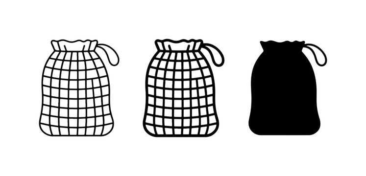 Drawstring Bag Icons: Outline, Filled Grid, Solid Silhouette for Storage and Packaging