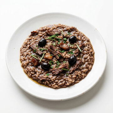 Authentic Risotto alla Cacciatora di Cinghiale Hunter Style Wild Boar Risotto Isolated on White Background