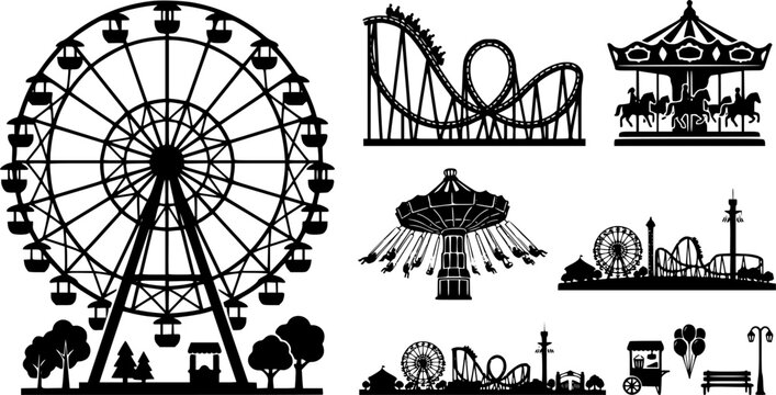 Amusement park views. Attractions park landscape silhouettes with ferris wheel and roller coaster. Entertainment park silhouette vector illustration set. Carousel and roller, swing coaster