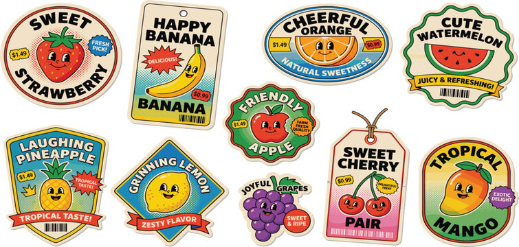 Fruits label stickers in retro cartoon style. Paper tags, fruit names, price stickers, colorful badges, grocery vibe, 90s packaging aesthetic, illustration in retro cartoon style, trendy patches