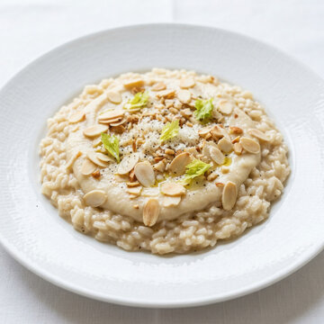 Authentic Risotto all'Aglione e Mandorle Giant Garlic and Almond Risotto Isolated on White Background