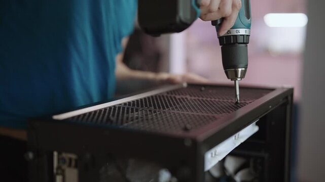 Close-up hand of technician hands using cordless power drill to fasten into top panel of desktop computer case during assembly. Concept of pc building and repair services, slow motion