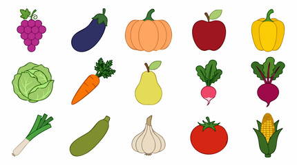 Fototapeta premium Colorful Flat Design Illustration Set of Fresh Fruits and Vegetables