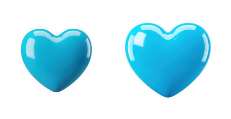 Fototapeta premium Two glossy cyan blue hearts of different sizes isolated on transparent background