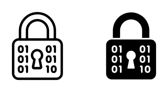 Digital Security Padlock Icons, Binary Code Lock Vector Art, Cybersecurity Data Protection Symbols