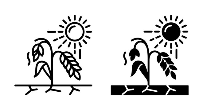 Drought and Heat Stress Icons: Wilting Plant Under Sun, Dry Soil, Vector Graphics for Agriculture and Environment