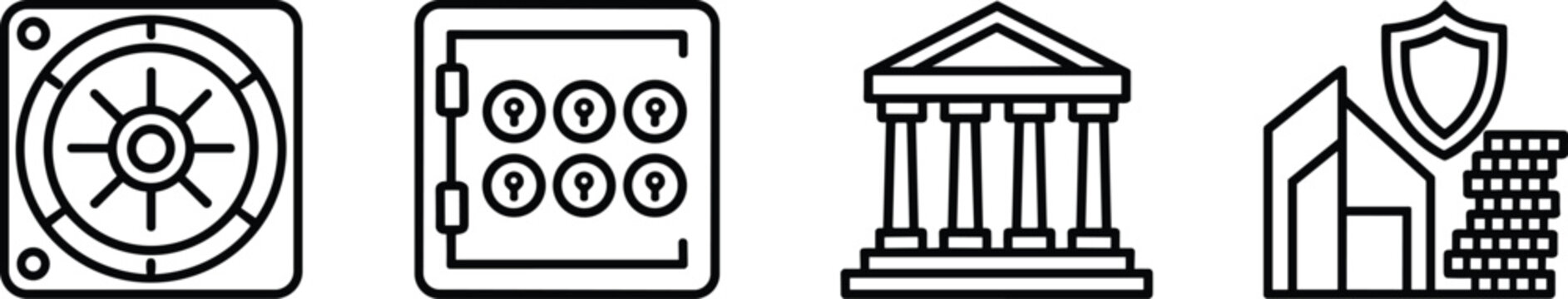 Banking and finance line icons set, security vault, safe deposit, bank building, money protection, financial services, investment, modern outline illustration