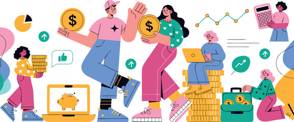 Fototapeta premium Cartoon people with money and financial icons vector illustration