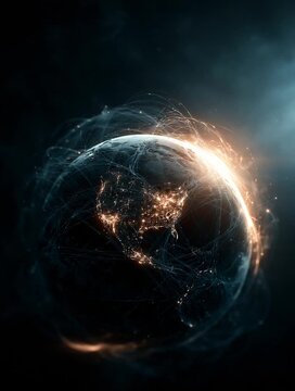 Earth surrounded by billions of tiny observation satellites forming a luminous sphere around the planet. Futuristic surveillance concept representing global monitoring, space technology and data intel